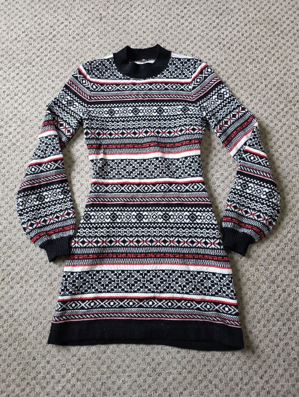Free People Black, White & Red Nordic Knit Long Sleeve Dress